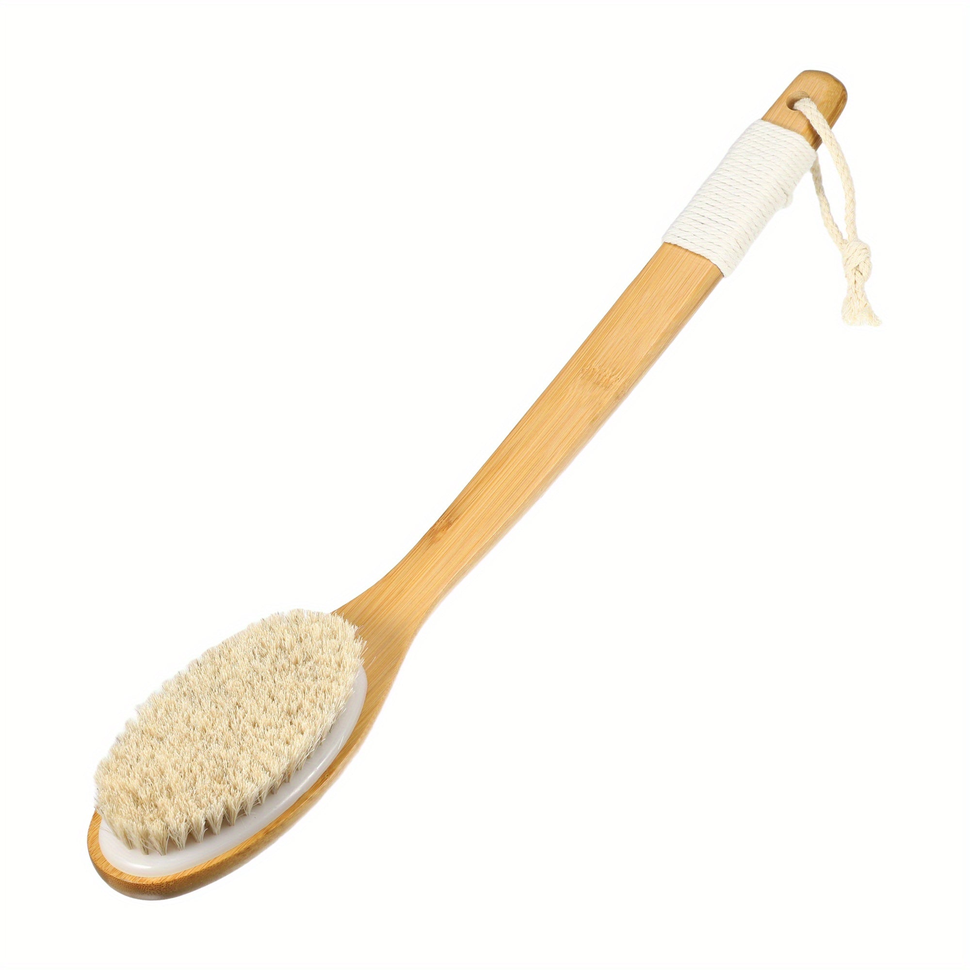 VOCOSTE Horse Hair Exfoliating Back Scrubber with Curved Long Handle - 18" Wood Body Brush, 3.5" Wide, 6.5" Thick, No Battery Needed for Wet/Dry Body Brushing, Men & Women Shower & Bath Tool, Ergonomic Design, Highquality Bristles