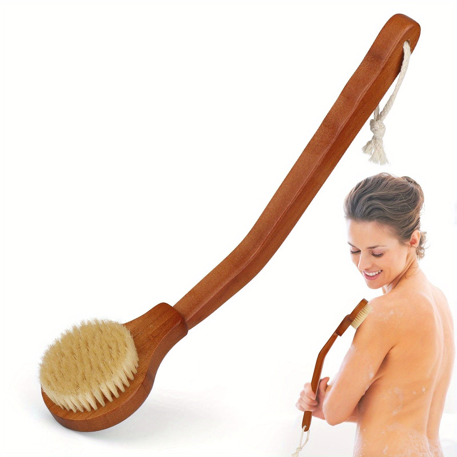 Long Handle Bath Brush with Natural Bamboo Bristles & Slip-Resistant Grip - Exfoliating Body Scrubber for Back, Legs, Hard-to-Reach Areas, Gentle Exfoliation, Ergonomic Design, Wet/Dry Use, Spa & Home Shower Essentials, Daily Exfoliation, Decorative