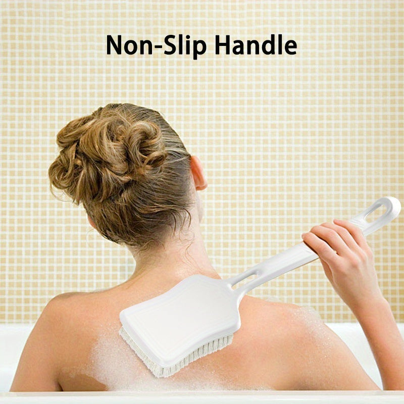 Long handled cleaning shower brush with soft and hard bristles, longer and wider brush surface, back frosted body exfoliator, suitable for wet or dry brushing (white)
