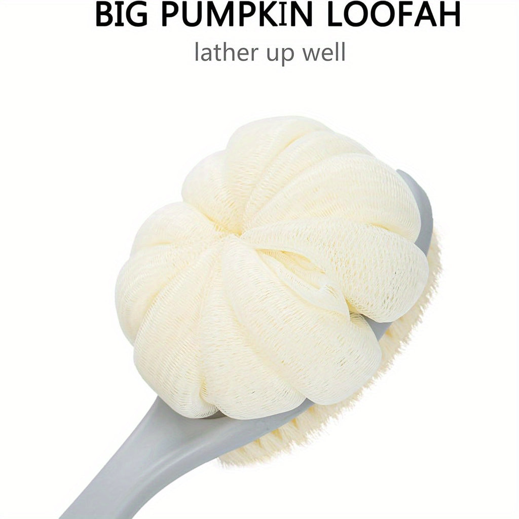 Long Handle Shower Body Brush with Pumpkin Loofah - Non-Slip Grip Back Scrubber, Heavy-Duty Exfoliating Bath Brush for Back, Arms, Legs, Feet - Wet/Dry Use, No Battery Needed - Ideal for Men & Women (Grey) - Bathroom Essentials, Personal Hygiene,