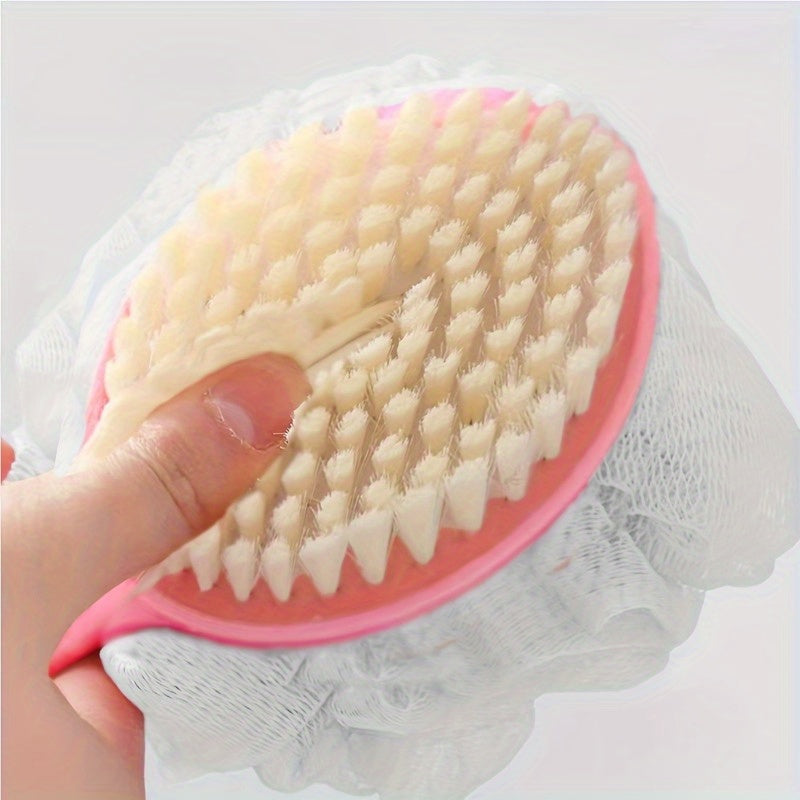 1pc Long Handle Soft Bristle Bath Brush - 2-in-1 Gentle Exfoliating Body Scrubber & Massager, Unscented, Durable Material, Japanese Aesthetic Design in Pink with Yellow Bristles for Deep Clean & Skin Massage