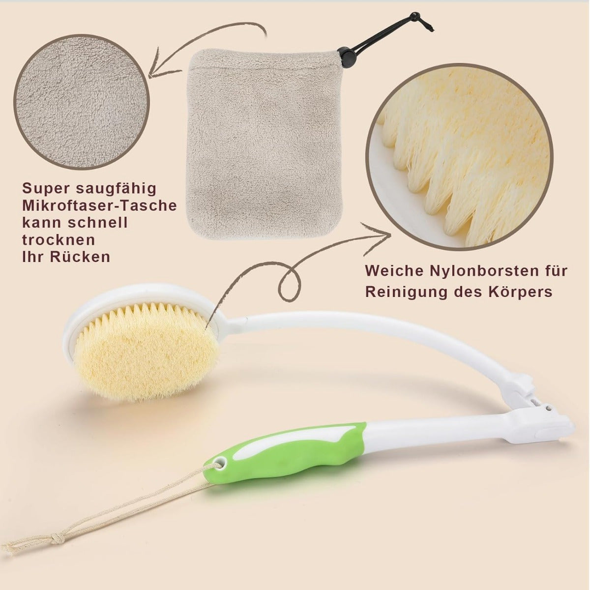 Flexible Long Handle Back Brush, Shower Scrubber for Back Care Cream Application, Foldable Bath Brush for Elderly, Men & Women, Unscented, No Battery Required