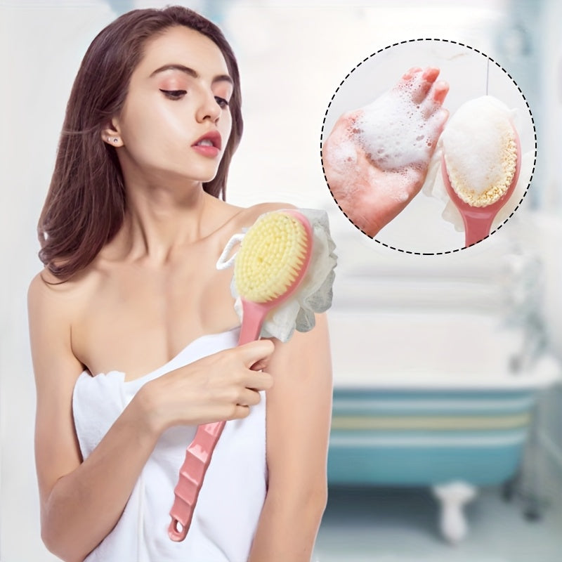 1pc, Long Handle Bath Brush with Loofah, Multi-Functional Scrubbing Brush, Dual-Sided Soft Bristle Shower Brush with Loofah, Pink/Blue