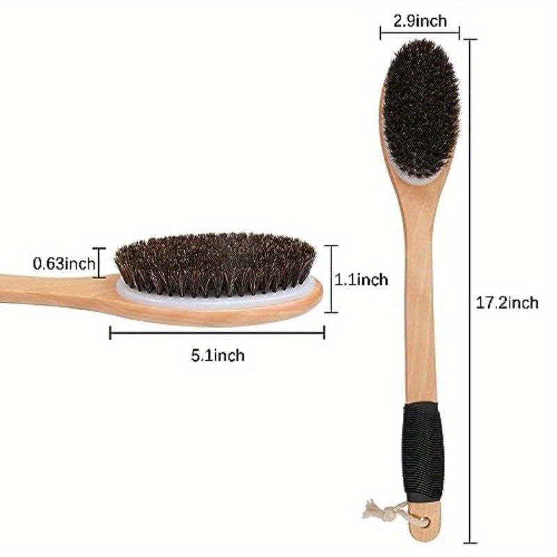 Horsehair Bath Brush Wooden Curved Long Handle Antiskid Shower Brush for Exfoliating Natural Mane Scrubber for Back Use Wet or Dry Back Scrub Deep Cleanse17.2inches