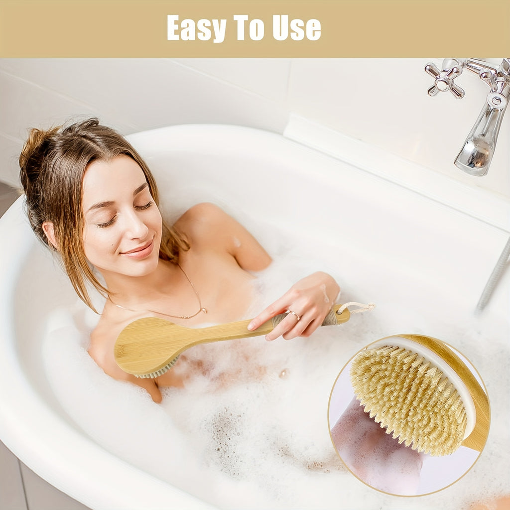 Long Handle Bath Brush With Hanging Rope, Natural Bristle Back Scrubber, Exfoliating Shower Brush for Body Spa Washing