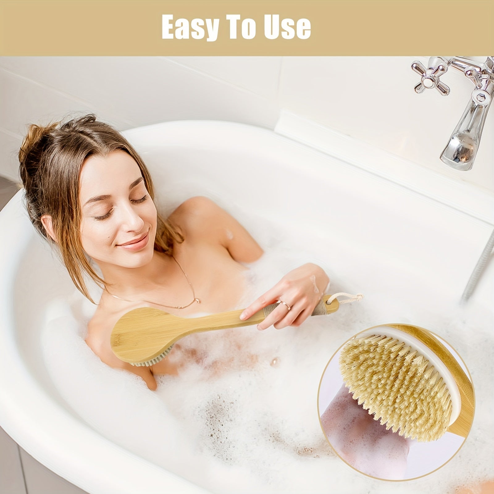 Long Handle Bath Brush With Hanging Rope, Natural Bristle Back Scrubber, Exfoliating Shower Brush for Body Spa Washing