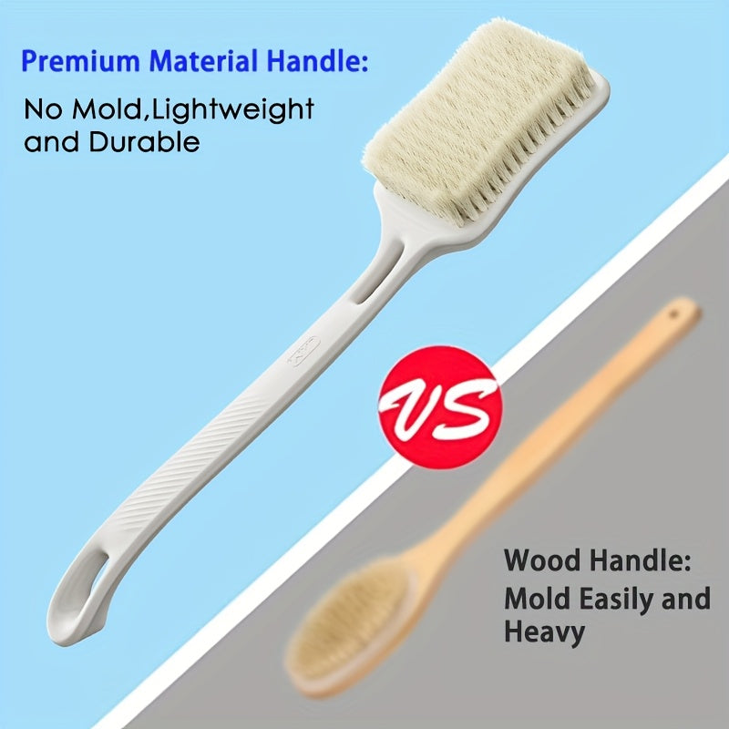 Long handled cleaning shower brush with soft and hard bristles, longer and wider brush surface, back frosted body exfoliator, suitable for wet or dry brushing (white)