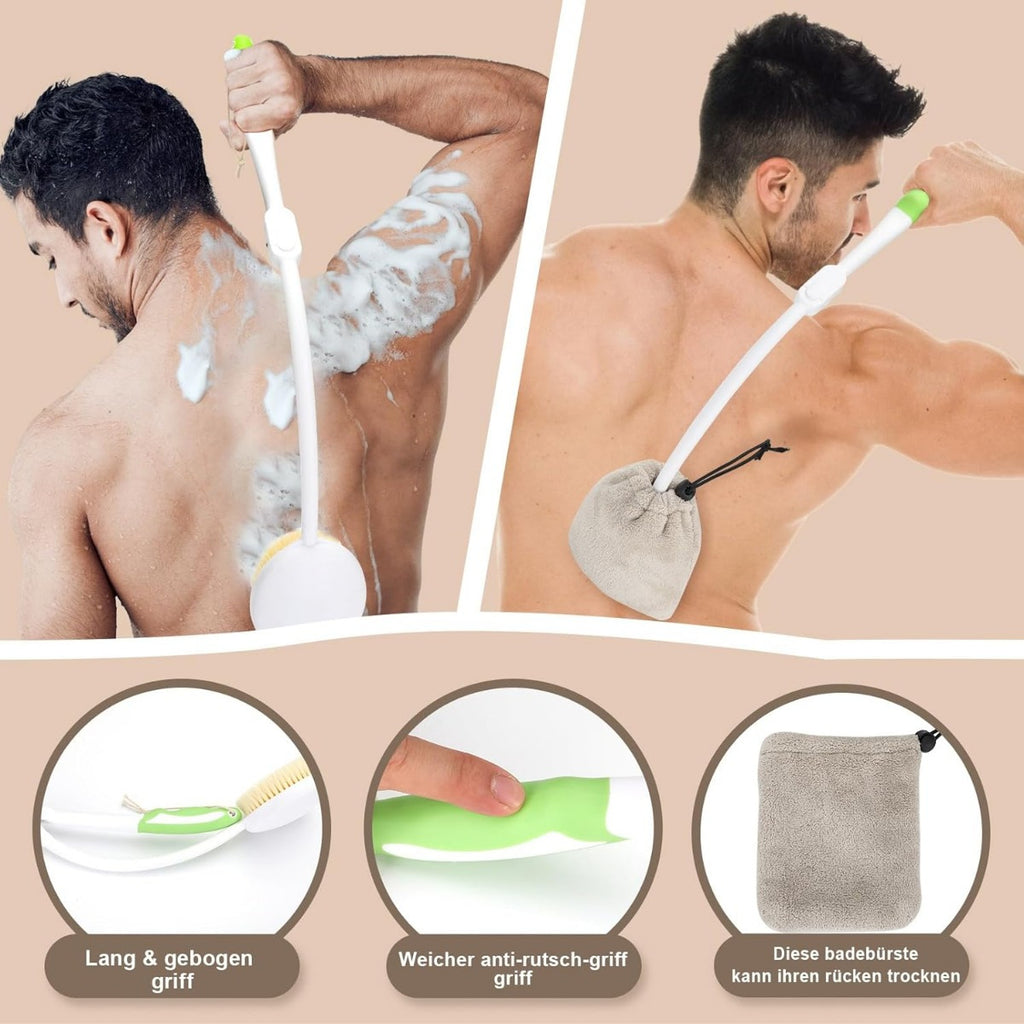 Flexible Long Handle Back Brush, Shower Scrubber for Back Care Cream Application, Foldable Bath Brush for Elderly, Men & Women, Unscented, No Battery Required