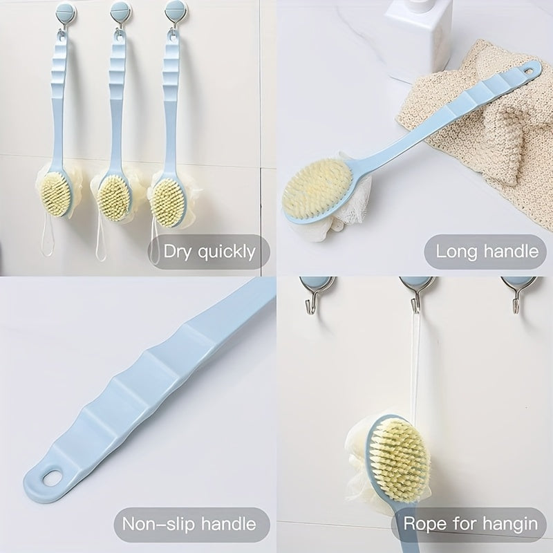 3 Pack Back Shower Body Brushes Shower Body Brush with Bristles and Loofah Back Scrubber Bath Mesh Sponge for Wet or Dry Long Handle for Light Beige Exfoliating Bath, Exfoliating Light Beige for Men and Women (Blue)