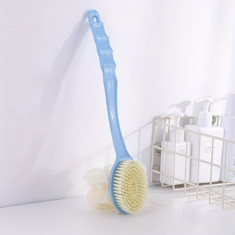 1pc Long Handle Soft Bristle Bath Brush - 2-in-1 Gentle Exfoliating Body Scrubber & Massager, Unscented, Durable Material, Japanese Aesthetic Design in Pink with Yellow Bristles for Deep Clean & Skin Massage