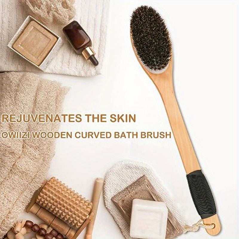 Horsehair Bath Brush Wooden Curved Long Handle Antiskid Shower Brush for Exfoliating Natural Mane Scrubber for Back Use Wet or Dry Back Scrub Deep Cleanse17.2inches