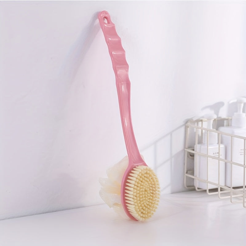 1pc Long Handle Soft Bristle Bath Brush - 2-in-1 Gentle Exfoliating Body Scrubber & Massager, Unscented, Durable Material, Japanese Aesthetic Design in Pink with Yellow Bristles for Deep Clean & Skin Massage
