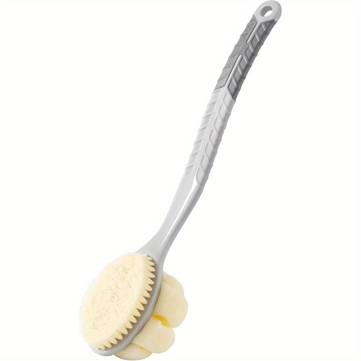 Long Handle Shower Body Brush with Pumpkin Loofah - Non-Slip Grip Back Scrubber, Heavy-Duty Exfoliating Bath Brush for Back, Arms, Legs, Feet - Wet/Dry Use, No Battery Needed - Ideal for Men & Women (Grey) - Bathroom Essentials, Personal Hygiene,