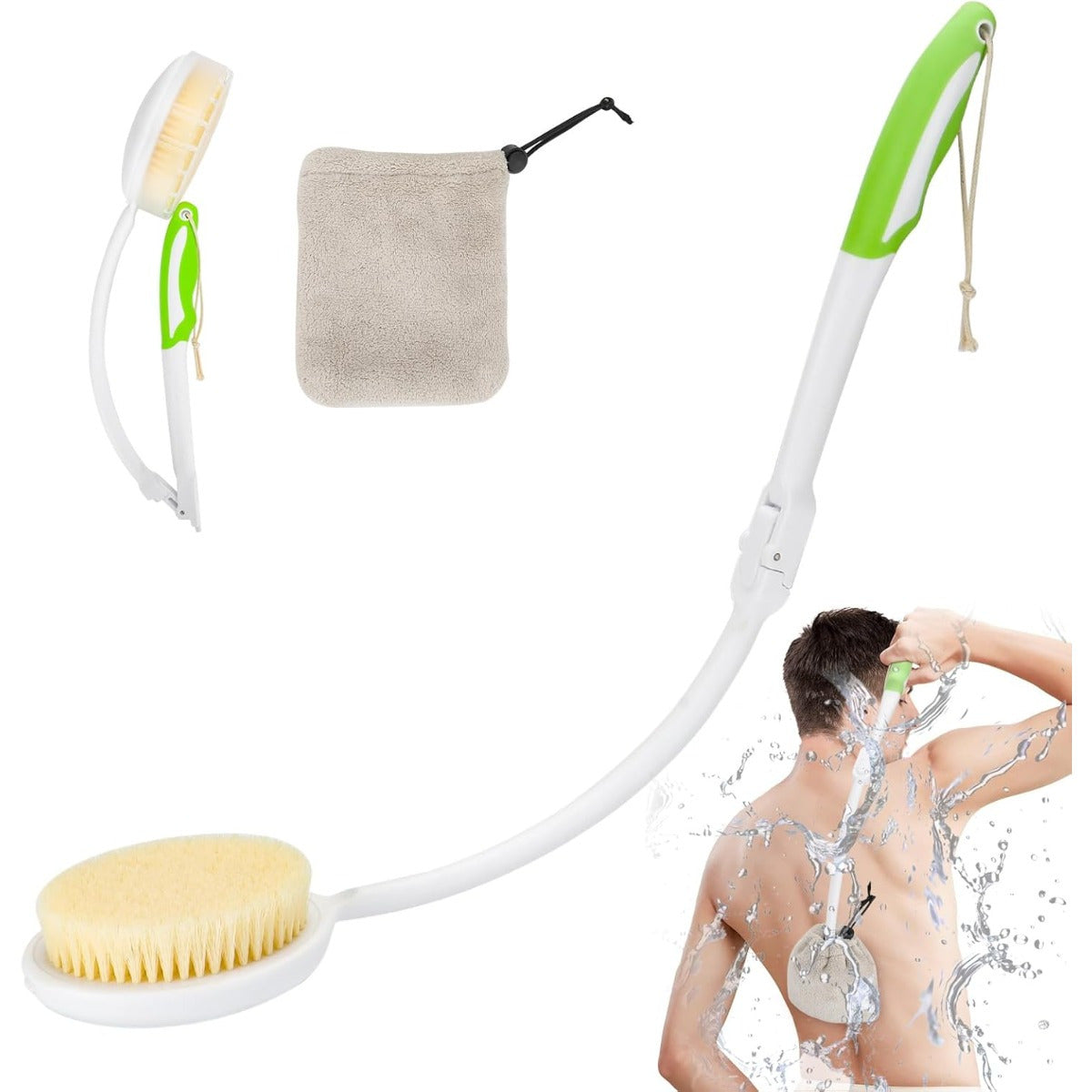 Flexible Long Handle Back Brush, Shower Scrubber for Back Care Cream Application, Foldable Bath Brush for Elderly, Men & Women, Unscented, No Battery Required