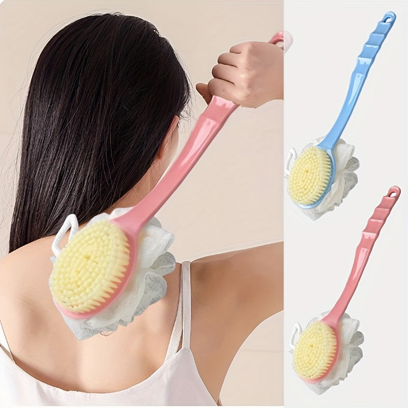 1pc, Long Handle Bath Brush with Loofah, Multi-Functional Scrubbing Brush, Dual-Sided Soft Bristle Shower Brush with Loofah, Pink/Blue