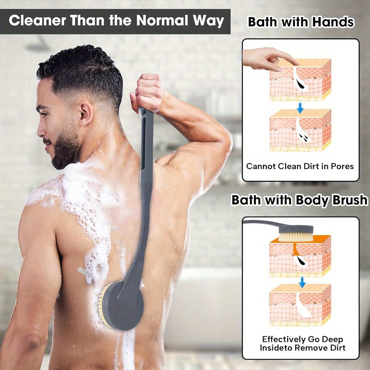 20.5" Long-Handled Back Scrubber for Shower - Deep Cleaning Bath Brush with Ergonomic Design, Non-Slip Grip & Soft Brush Heads for Men & Women (Grey), Shower Cleaning Accessory, Ergonomic Bath Brush, Durable Shower Brush