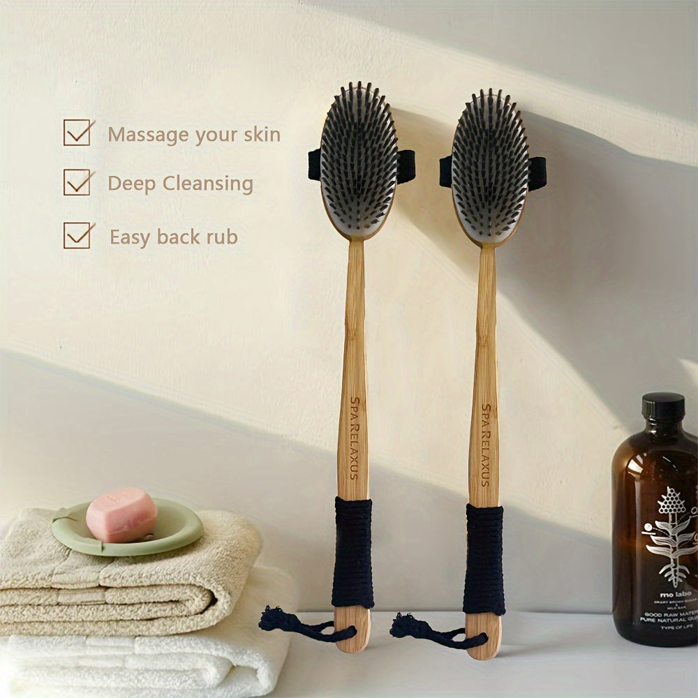 1 Extra Long Curved Handle Lotus Wood Bristle Round Bath Brush Bath Cleaning Brush With Lanyard Design Lazy Family Bathing Magic