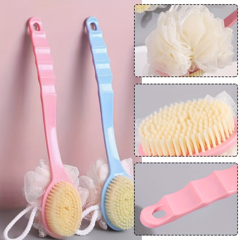 1pc, Long Handle Bath Brush with Loofah, Multi-Functional Scrubbing Brush, Dual-Sided Soft Bristle Shower Brush with Loofah, Pink/Blue